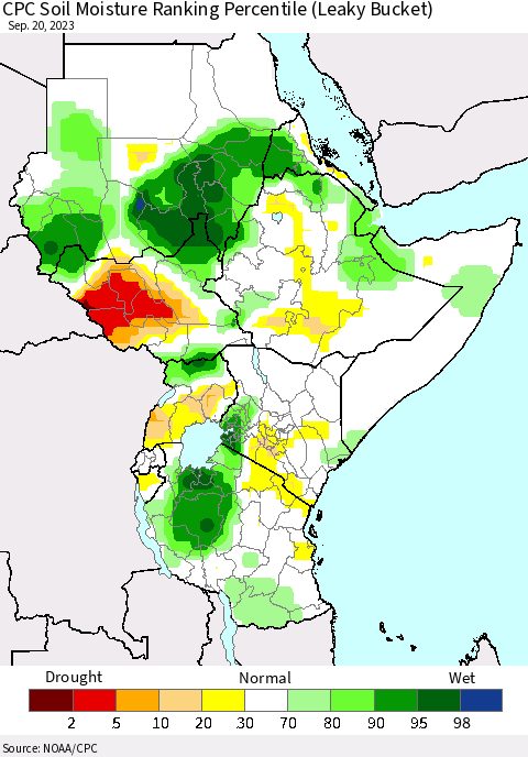 Eastern Africa CPC Soil Moisture Ranking Percentile (Leaky Bucket) Thematic Map For 9/16/2023 - 9/20/2023