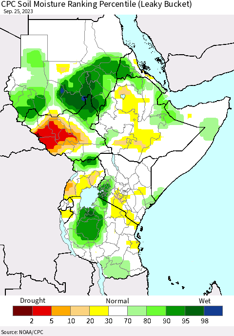 Eastern Africa CPC Soil Moisture Ranking Percentile (Leaky Bucket) Thematic Map For 9/21/2023 - 9/25/2023