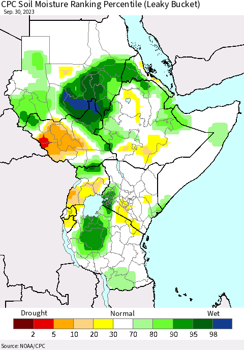 Eastern Africa CPC Soil Moisture Ranking Percentile (Leaky Bucket) Thematic Map For 9/26/2023 - 9/30/2023