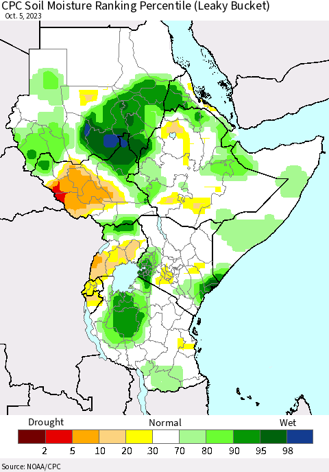 Eastern Africa CPC Soil Moisture Ranking Percentile (Leaky Bucket) Thematic Map For 10/1/2023 - 10/5/2023