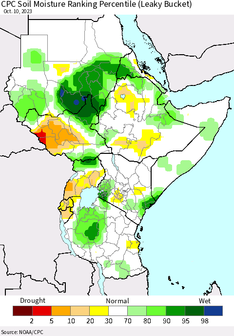 Eastern Africa CPC Soil Moisture Ranking Percentile (Leaky Bucket) Thematic Map For 10/6/2023 - 10/10/2023