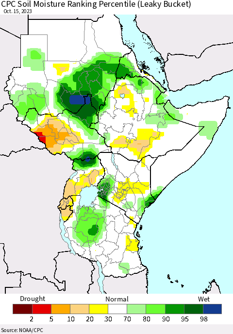 Eastern Africa CPC Soil Moisture Ranking Percentile (Leaky Bucket) Thematic Map For 10/11/2023 - 10/15/2023