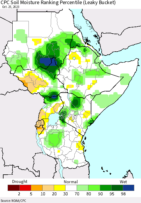 Eastern Africa CPC Soil Moisture Ranking Percentile (Leaky Bucket) Thematic Map For 10/21/2023 - 10/25/2023