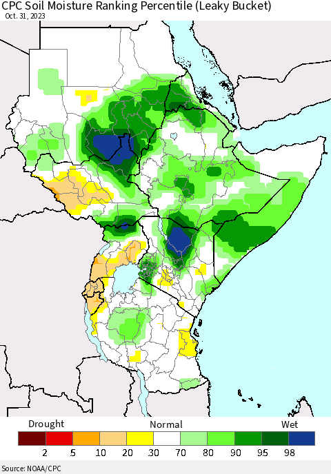 Eastern Africa CPC Soil Moisture Ranking Percentile (Leaky Bucket) Thematic Map For 10/26/2023 - 10/31/2023