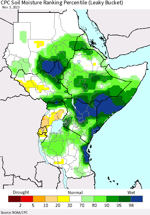 Eastern Africa CPC Soil Moisture Ranking Percentile (Leaky Bucket) Thematic Map For 11/1/2023 - 11/5/2023