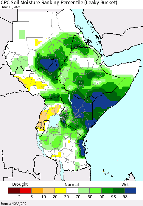 Eastern Africa CPC Soil Moisture Ranking Percentile (Leaky Bucket) Thematic Map For 11/6/2023 - 11/10/2023
