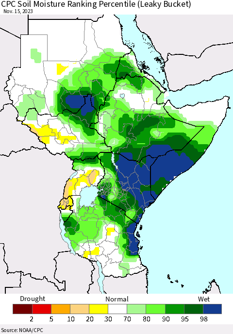 Eastern Africa CPC Soil Moisture Ranking Percentile (Leaky Bucket) Thematic Map For 11/11/2023 - 11/15/2023