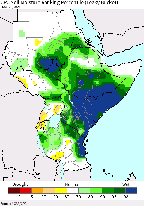 Eastern Africa CPC Soil Moisture Ranking Percentile (Leaky Bucket) Thematic Map For 11/16/2023 - 11/20/2023