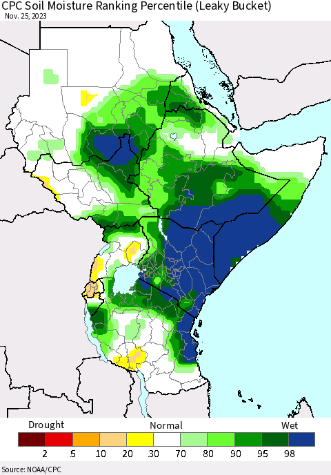 Eastern Africa CPC Soil Moisture Ranking Percentile (Leaky Bucket) Thematic Map For 11/21/2023 - 11/25/2023
