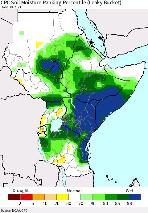 Eastern Africa CPC Soil Moisture Ranking Percentile (Leaky Bucket) Thematic Map For 11/26/2023 - 11/30/2023