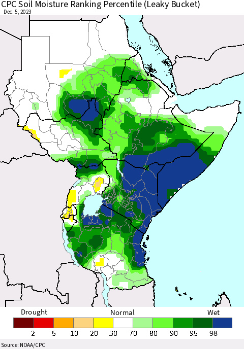 Eastern Africa CPC Soil Moisture Ranking Percentile (Leaky Bucket) Thematic Map For 12/1/2023 - 12/5/2023