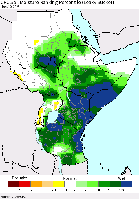 Eastern Africa CPC Soil Moisture Ranking Percentile (Leaky Bucket) Thematic Map For 12/6/2023 - 12/10/2023