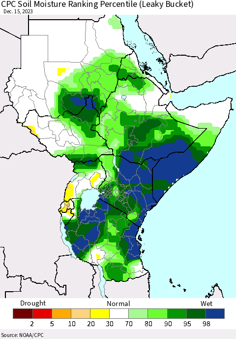 Eastern Africa CPC Soil Moisture Ranking Percentile (Leaky Bucket) Thematic Map For 12/11/2023 - 12/15/2023