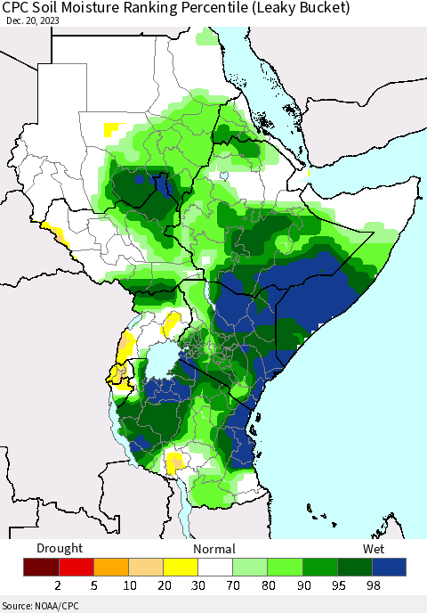 Eastern Africa CPC Soil Moisture Ranking Percentile (Leaky Bucket) Thematic Map For 12/16/2023 - 12/20/2023