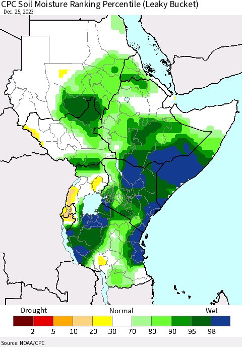 Eastern Africa CPC Soil Moisture Ranking Percentile (Leaky Bucket) Thematic Map For 12/21/2023 - 12/25/2023