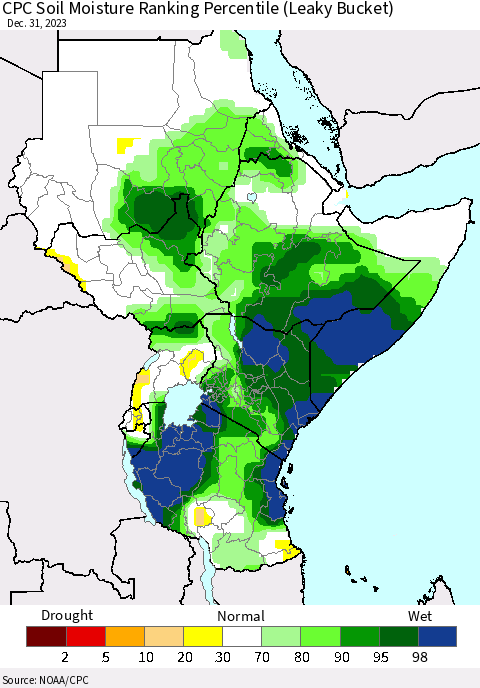 Eastern Africa CPC Soil Moisture Ranking Percentile (Leaky Bucket) Thematic Map For 12/26/2023 - 12/31/2023