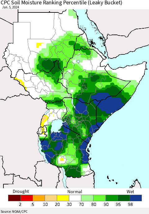 Eastern Africa CPC Soil Moisture Ranking Percentile (Leaky Bucket) Thematic Map For 1/1/2024 - 1/5/2024