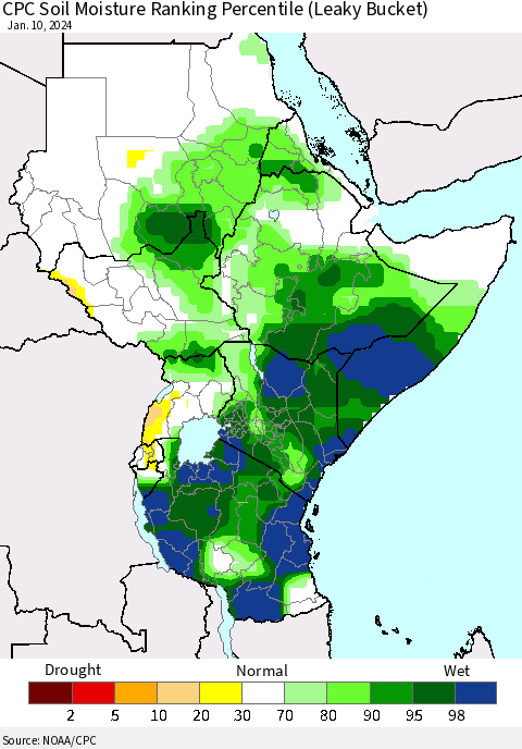Eastern Africa CPC Soil Moisture Ranking Percentile (Leaky Bucket) Thematic Map For 1/6/2024 - 1/10/2024