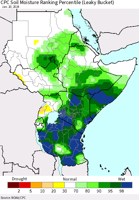 Eastern Africa CPC Soil Moisture Ranking Percentile (Leaky Bucket) Thematic Map For 1/16/2024 - 1/20/2024