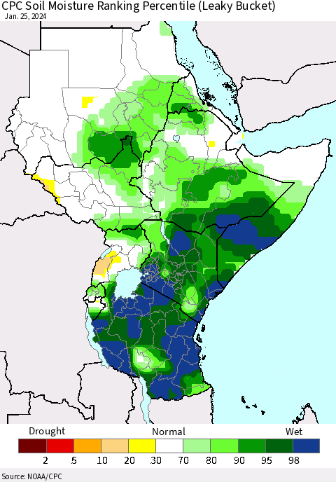 Eastern Africa CPC Soil Moisture Ranking Percentile (Leaky Bucket) Thematic Map For 1/21/2024 - 1/25/2024