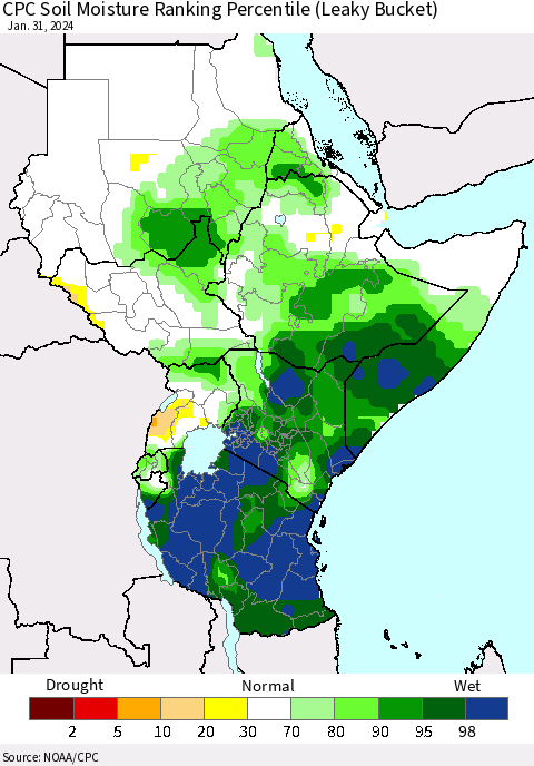 Eastern Africa CPC Soil Moisture Ranking Percentile (Leaky Bucket) Thematic Map For 1/26/2024 - 1/31/2024