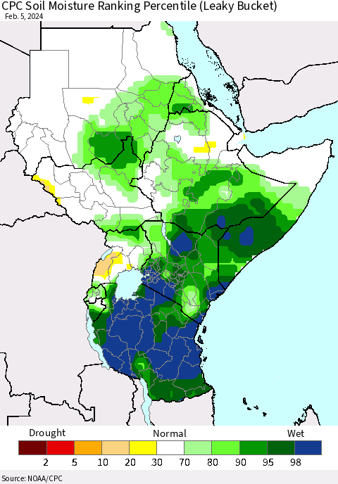Eastern Africa CPC Soil Moisture Ranking Percentile (Leaky Bucket) Thematic Map For 2/1/2024 - 2/5/2024