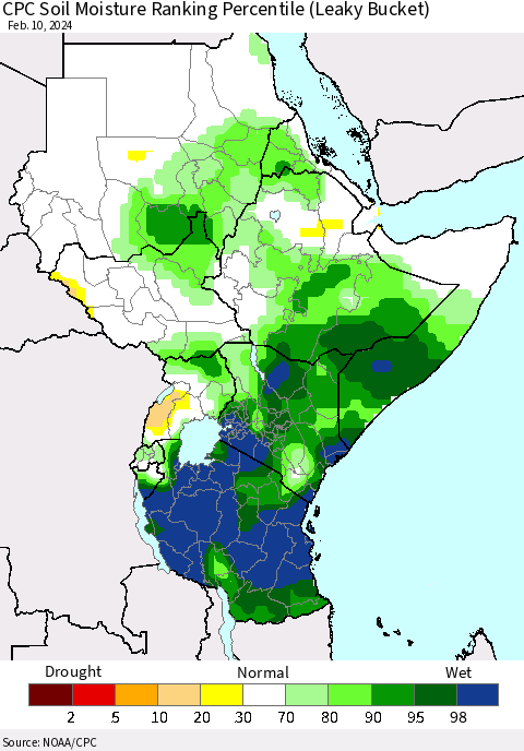 Eastern Africa CPC Soil Moisture Ranking Percentile (Leaky Bucket) Thematic Map For 2/6/2024 - 2/10/2024