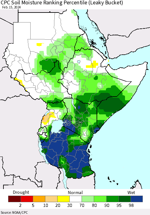 Eastern Africa CPC Soil Moisture Ranking Percentile (Leaky Bucket) Thematic Map For 2/11/2024 - 2/15/2024