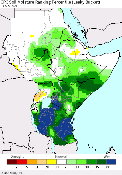 Eastern Africa CPC Soil Moisture Ranking Percentile (Leaky Bucket) Thematic Map For 2/16/2024 - 2/20/2024