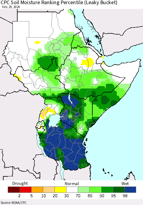 Eastern Africa CPC Soil Moisture Ranking Percentile (Leaky Bucket) Thematic Map For 2/26/2024 - 2/29/2024