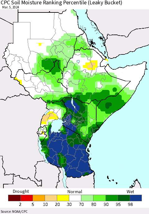 Eastern Africa CPC Soil Moisture Ranking Percentile (Leaky Bucket) Thematic Map For 3/1/2024 - 3/5/2024
