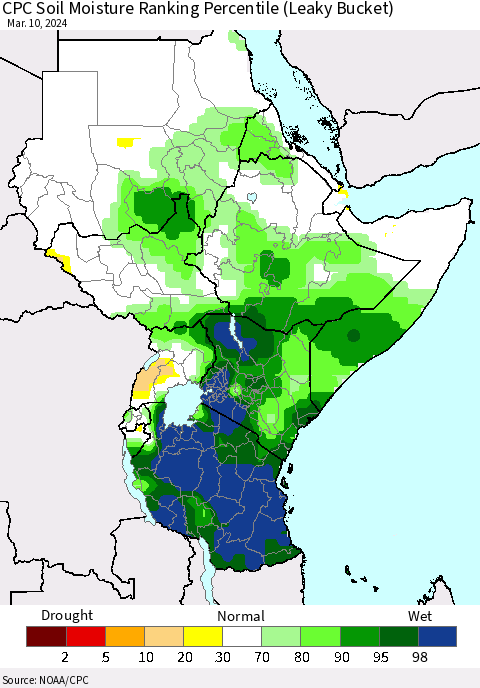 Eastern Africa CPC Soil Moisture Ranking Percentile (Leaky Bucket) Thematic Map For 3/6/2024 - 3/10/2024