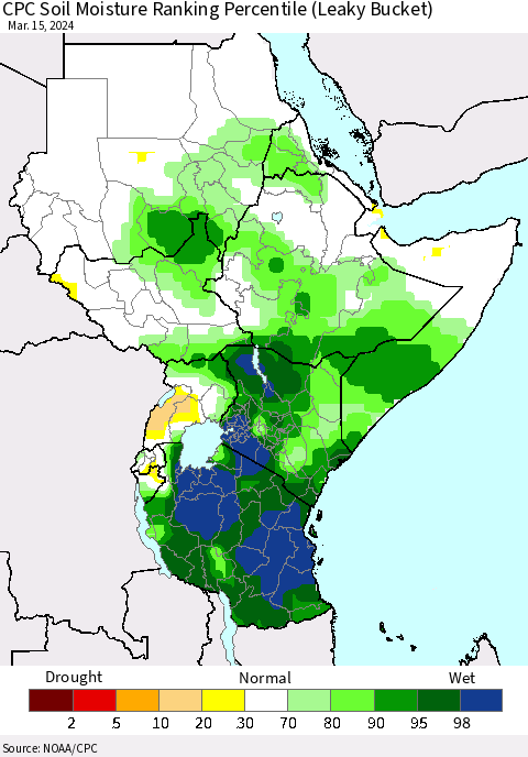 Eastern Africa CPC Soil Moisture Ranking Percentile (Leaky Bucket) Thematic Map For 3/11/2024 - 3/15/2024