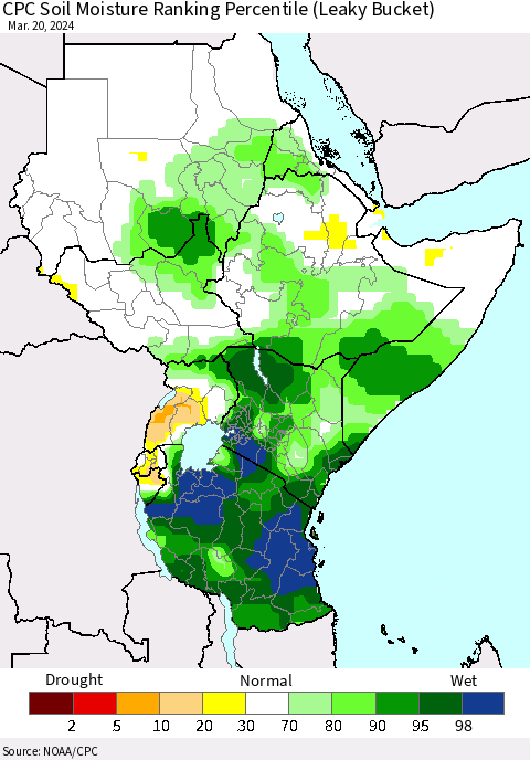 Eastern Africa CPC Soil Moisture Ranking Percentile (Leaky Bucket) Thematic Map For 3/16/2024 - 3/20/2024