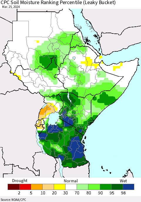 Eastern Africa CPC Soil Moisture Ranking Percentile (Leaky Bucket) Thematic Map For 3/21/2024 - 3/25/2024
