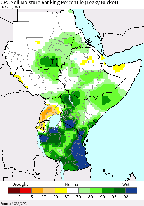 Eastern Africa CPC Soil Moisture Ranking Percentile (Leaky Bucket) Thematic Map For 3/26/2024 - 3/31/2024