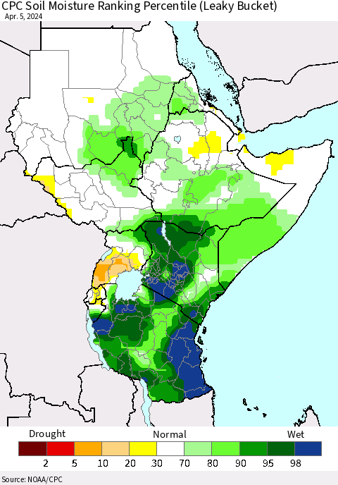 Eastern Africa CPC Soil Moisture Ranking Percentile (Leaky Bucket) Thematic Map For 4/1/2024 - 4/5/2024