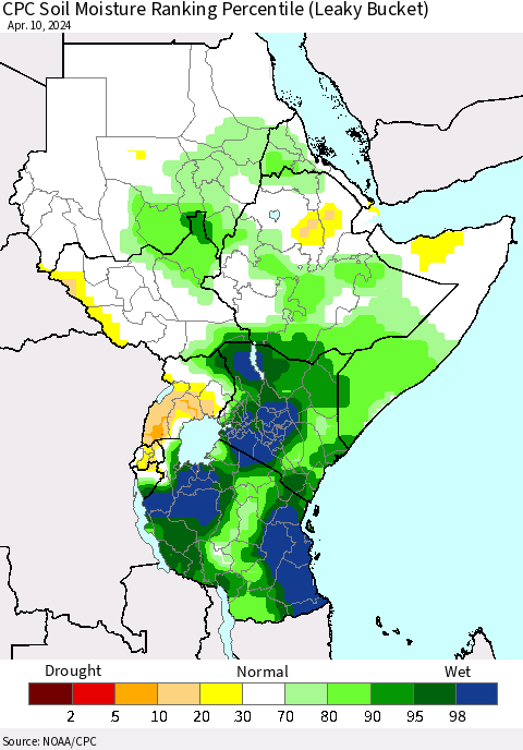 Eastern Africa CPC Soil Moisture Ranking Percentile (Leaky Bucket) Thematic Map For 4/6/2024 - 4/10/2024
