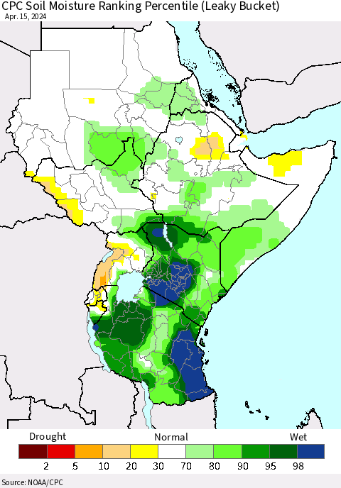Eastern Africa CPC Soil Moisture Ranking Percentile (Leaky Bucket) Thematic Map For 4/11/2024 - 4/15/2024