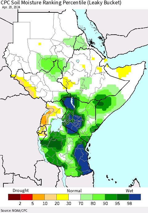 Eastern Africa CPC Soil Moisture Ranking Percentile (Leaky Bucket) Thematic Map For 4/16/2024 - 4/20/2024