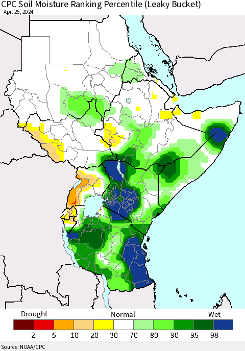 Eastern Africa CPC Soil Moisture Ranking Percentile (Leaky Bucket) Thematic Map For 4/21/2024 - 4/25/2024