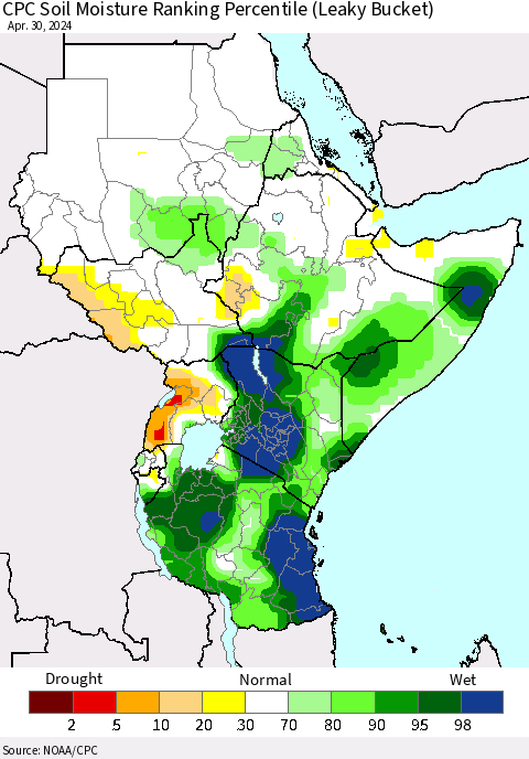 Eastern Africa CPC Soil Moisture Ranking Percentile (Leaky Bucket) Thematic Map For 4/26/2024 - 4/30/2024