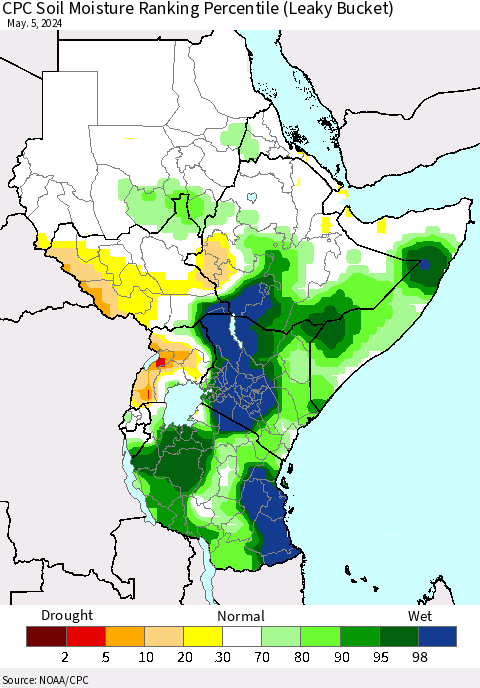 Eastern Africa CPC Soil Moisture Ranking Percentile (Leaky Bucket) Thematic Map For 5/1/2024 - 5/5/2024