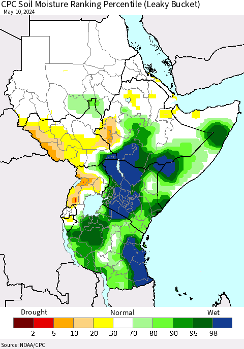 Eastern Africa CPC Soil Moisture Ranking Percentile (Leaky Bucket) Thematic Map For 5/6/2024 - 5/10/2024