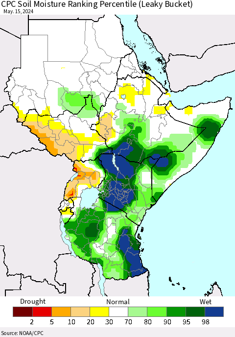 Eastern Africa CPC Soil Moisture Ranking Percentile (Leaky Bucket) Thematic Map For 5/11/2024 - 5/15/2024