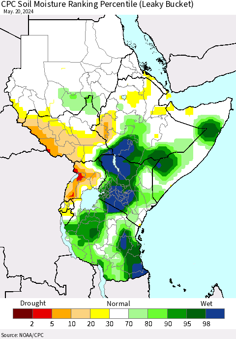 Eastern Africa CPC Soil Moisture Ranking Percentile (Leaky Bucket) Thematic Map For 5/16/2024 - 5/20/2024