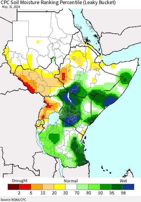 Eastern Africa CPC Soil Moisture Ranking Percentile (Leaky Bucket) Thematic Map For 5/26/2024 - 5/31/2024