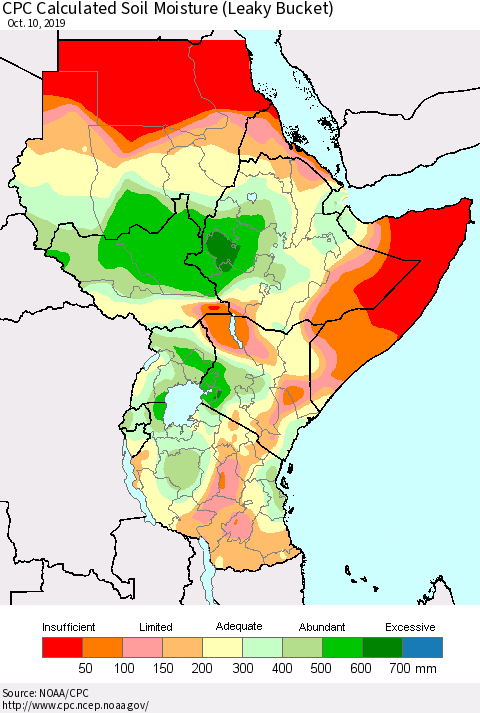 Eastern Africa CPC Calculated Soil Moisture (Leaky Bucket) Thematic Map For 10/6/2019 - 10/10/2019