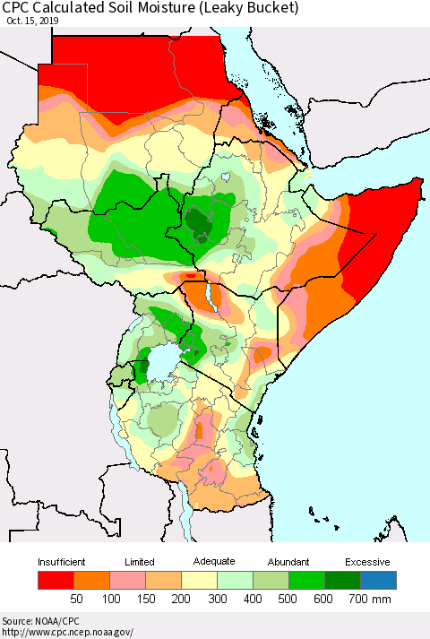 Eastern Africa CPC Calculated Soil Moisture (Leaky Bucket) Thematic Map For 10/11/2019 - 10/15/2019
