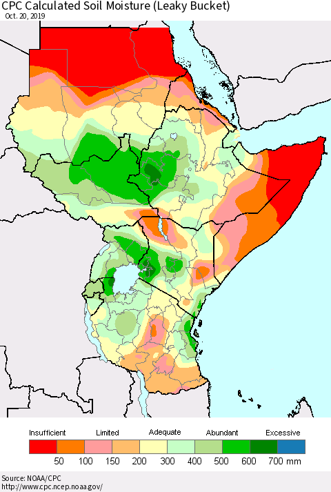 Eastern Africa CPC Calculated Soil Moisture (Leaky Bucket) Thematic Map For 10/16/2019 - 10/20/2019